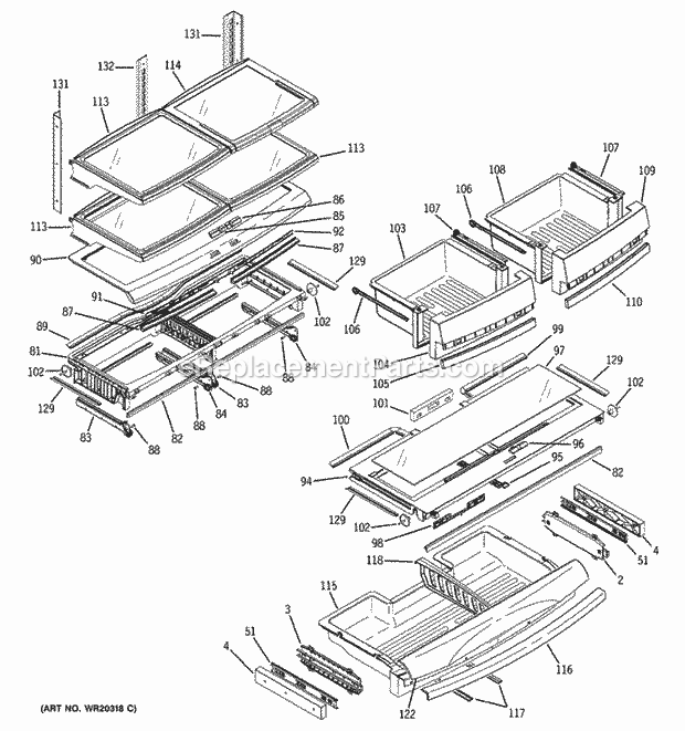 GE PDSE5NBWADWW Bottom Mount Refrigerator Fresh Food Shelves Diagram