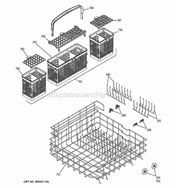 GE PDW7700J00BB Dishwasher Lower Rack Assembly Diagram