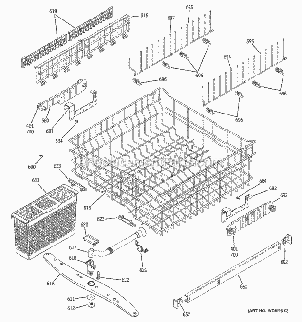 GE PDW7700J00BB Dishwasher Upper Rack Assembly Diagram