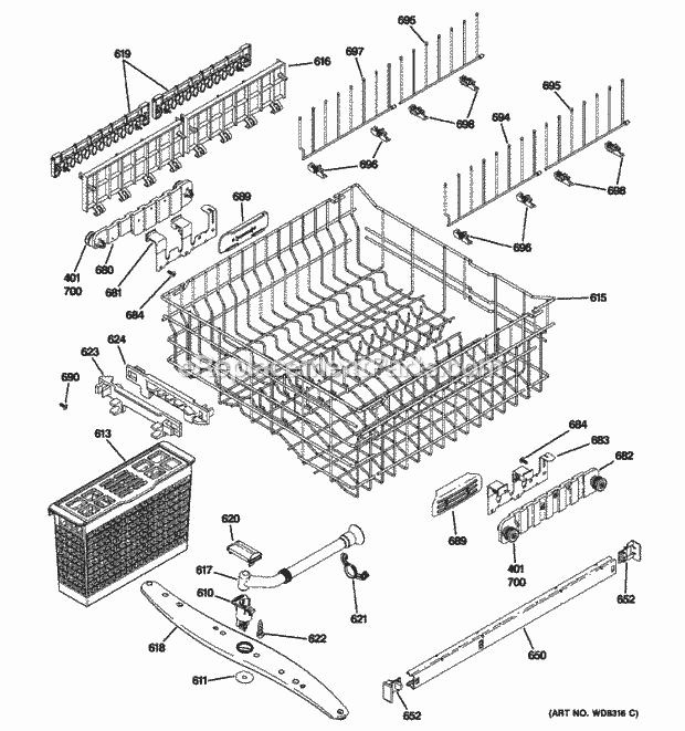 GE PDW7900P00BB Upper Rack Assembly Diagram