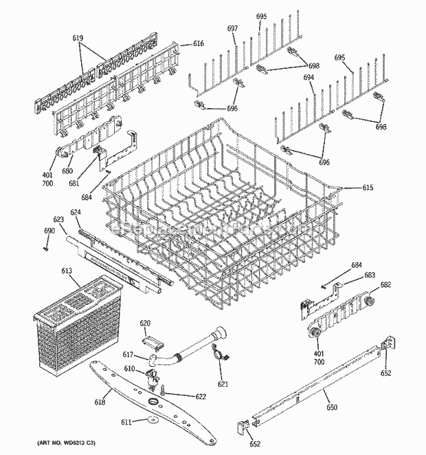 GE PDW7912N15SS Dishwasher Upper Rack Assembly Diagram