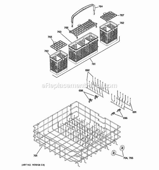 GE PDW8400J00BB Dishwasher Lower Rack Assembly Diagram