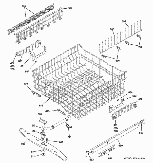 GE PDW8400J00WW Dishwasher Upper Rack Assembly Diagram