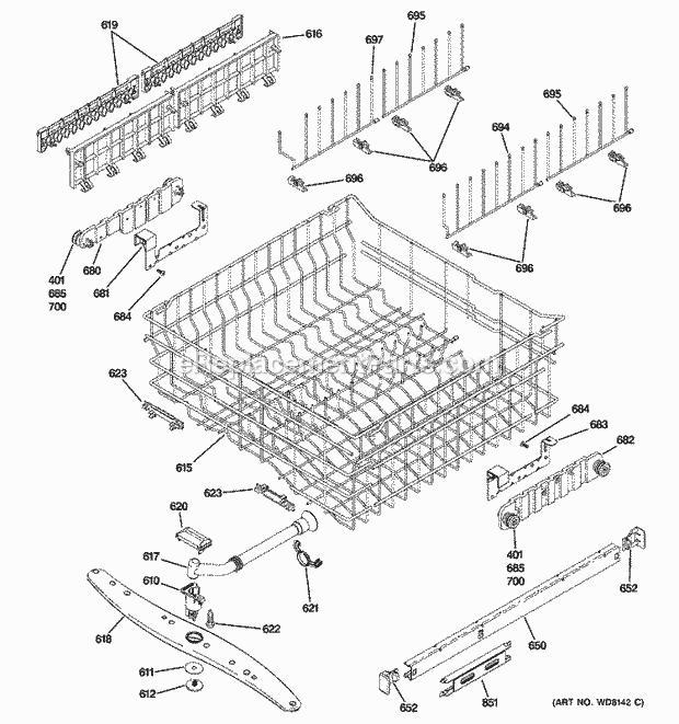 GE PDW8600J00CC Dishwasher Upper Rack Assembly Diagram
