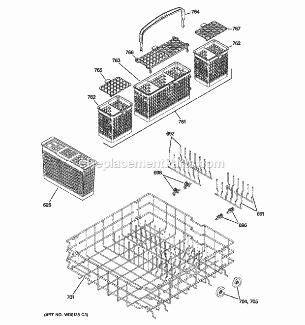 GE PDW8600J01CC Dishwasher Lower Rack Assembly Diagram