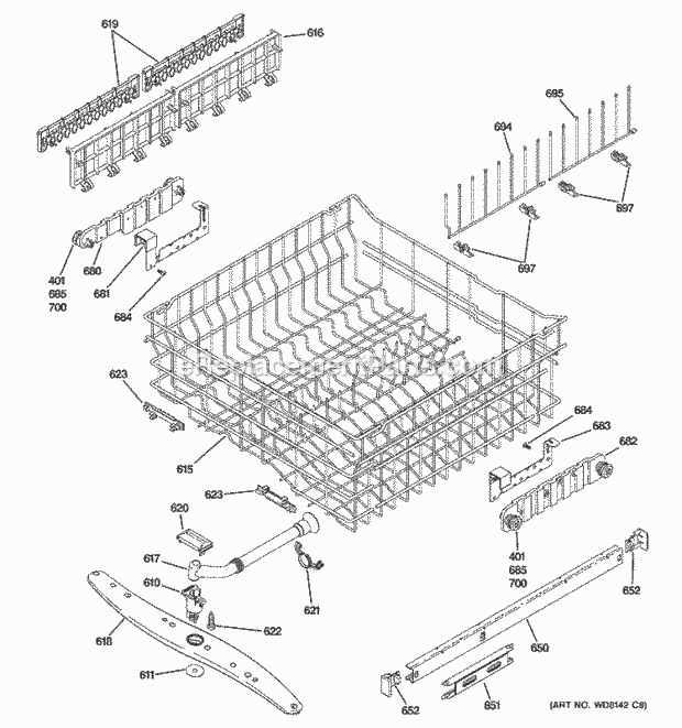 GE PDW8600J10CC Dishwasher Upper Rack Assembly Diagram