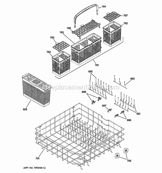 GE PDW8700J00CC Dishwasher Lower Rack Assembly Diagram