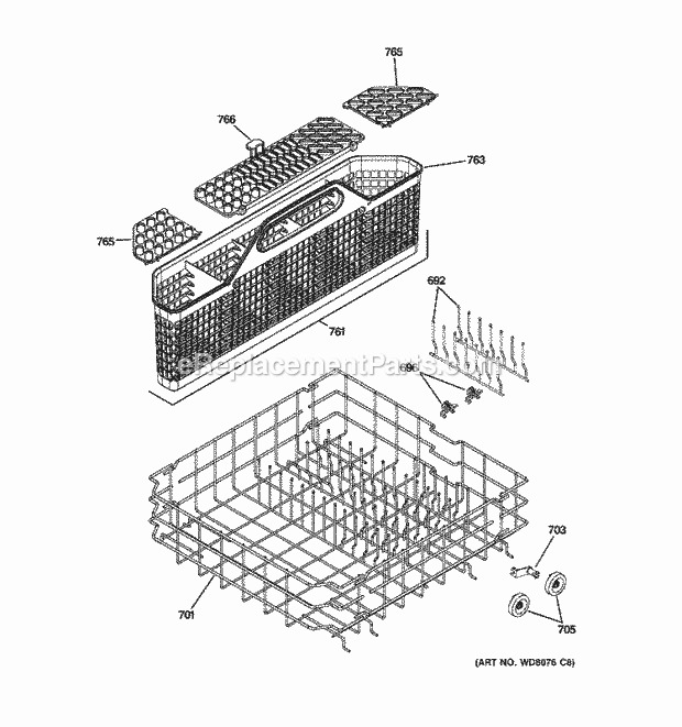 GE PDW9200J03BB Dishwasher Lower Rack Assembly Diagram