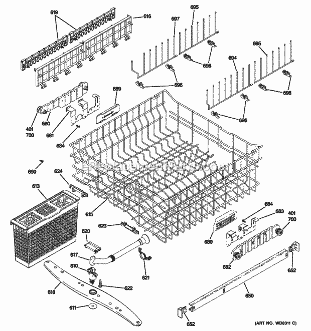 GE PDWF780P10WW Upper Rack Assembly Diagram