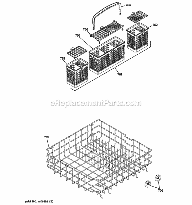 GE PDWT100V00BB Lower Rack Assembly Diagram