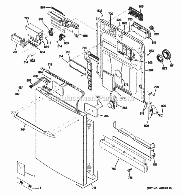 GE PDWT500P00BB Escutcheon & Door Asssembly Diagram