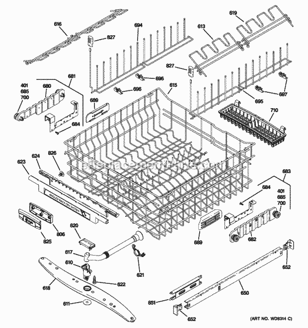 GE PDWT500P00II Upper Rack Assembly Diagram