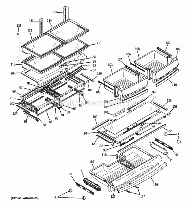 GE PFIC1NFWBWV Fresh Food Shelves Diagram