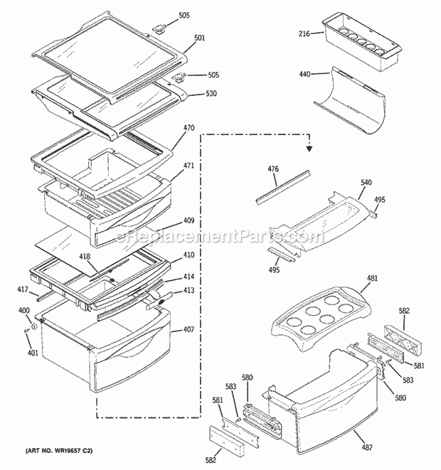 GE PHE25PGTAFBB Refrigerator Fresh Food Shelves Diagram