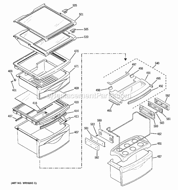 GE PSC23NGPABB Refrigerator Fresh Food Shelves Diagram