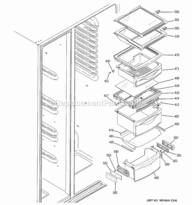 GE PSH25MGTABV Refrigerator Fresh Food Shelves Diagram