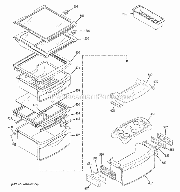 GE PSK25NGSCCWW Refrigerator Fresh Food Shelves Diagram