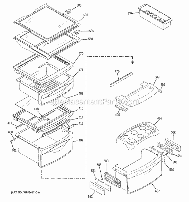 GE PSK27NGSBCWW Refrigerator Fresh Food Shelves Diagram