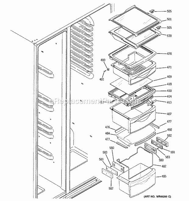 GE PSS26MGPAWW Refrigerator Fresh Food Shelves Diagram