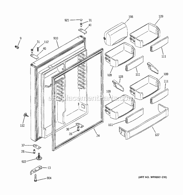 GE PTS25LHSARWW Refrigerator Fresh Food Door Diagram