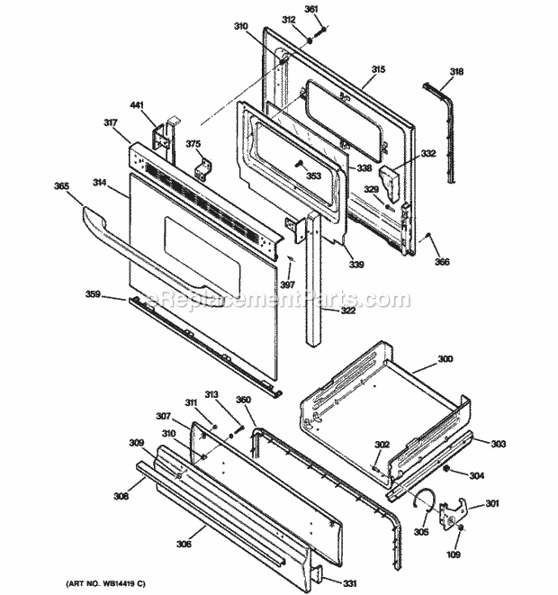 GE RGB533CEH9CC Freestanding, Gas Range Door & Drawer Parts Diagram