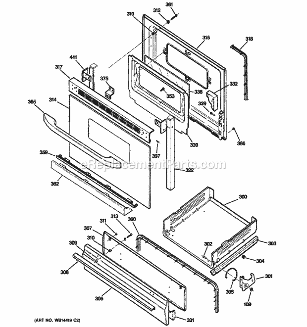 GE RGB533DEP2CC Freestanding, Gas Range Door & Drawer Parts Diagram