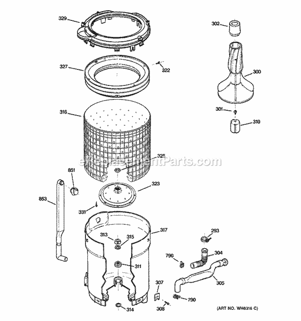 GE S2000D0WW Washer Tub, Basket & Agitator Diagram