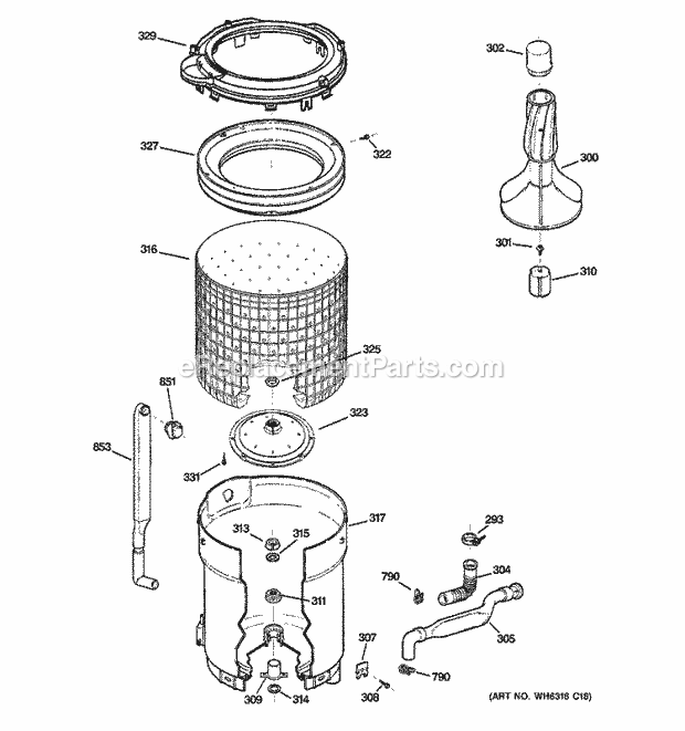 GE S2100E6WW Washer Tub, Basket & Agitator Diagram