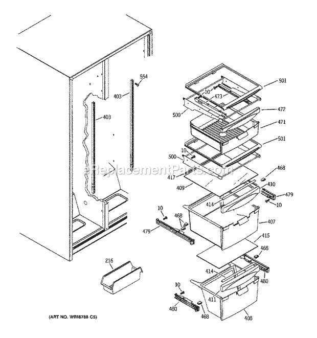 GE SSS25KFMBWW Refrigerator Fresh Food Shelves Diagram