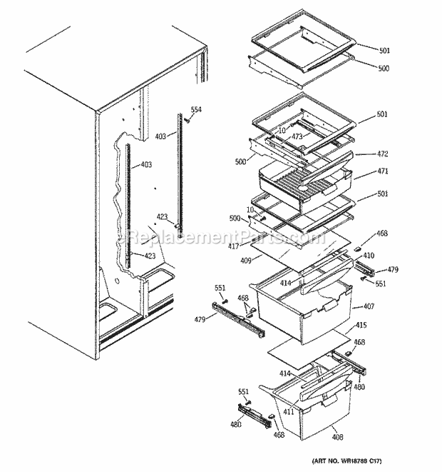 GE SSS25KFPAWW Refrigerator Fresh Food Shelves Diagram