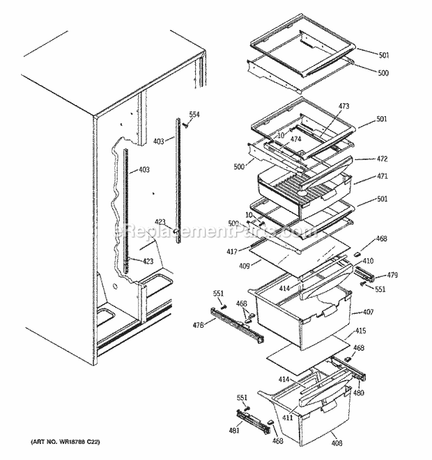 GE SSS25KFPCWW Refrigerator Fresh Food Shelves Diagram