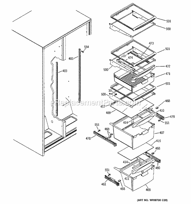 GE SSS25KFPEWW Refrigerator Fresh Food Shelves Diagram