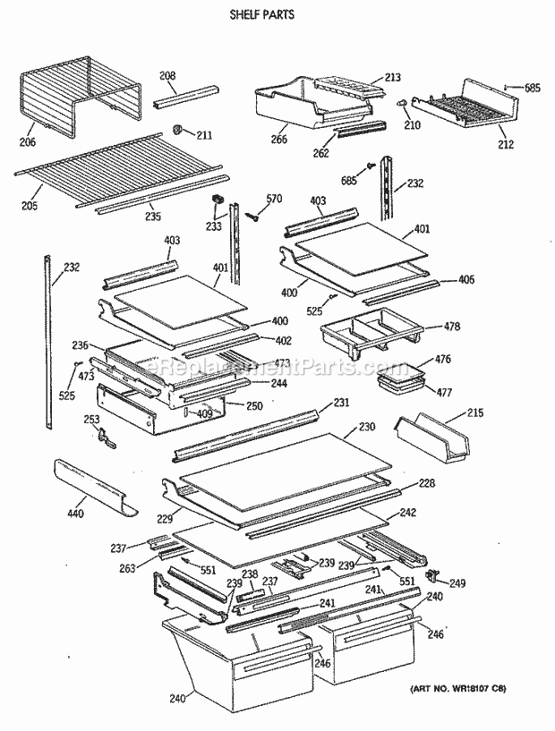 GE TBE22PASRRAA Refrigerator Shelf Parts Diagram