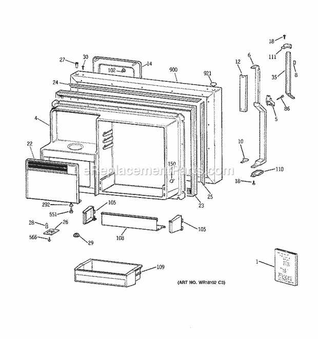 GE TBX25PCSLRAA Refrigerator Freezer Door Diagram