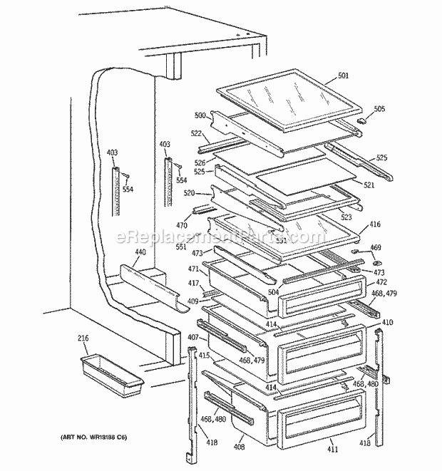 GE TFJ22PRBBAA Refrigerator Fresh Food Shelves Diagram