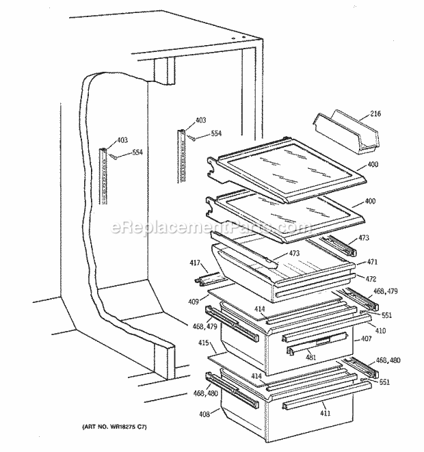 GE TFX22ZPBBAA Refrigerator Fresh Food Shelves Diagram