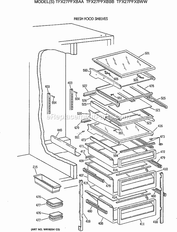 GE TFX27PFXBWW Refrigerator Fresh Food Shelves Diagram