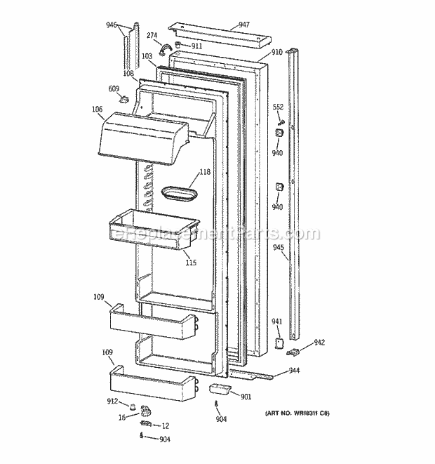 GE TPJ24BIDAWW Refrigerator Fresh Food Door Diagram