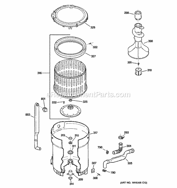 GE WBB4500E1WW Washer Tub, Basket & Agitator Diagram