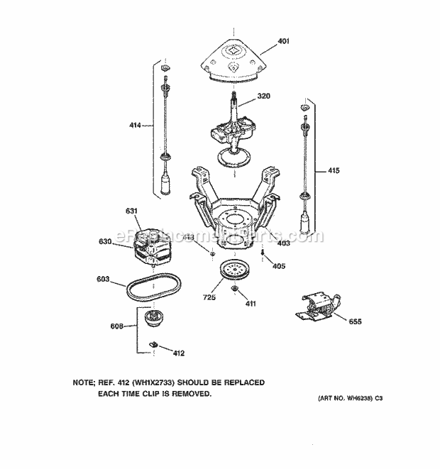 GE WBSR1060T5AA Washer Suspension, Pump & Drive Components Diagram