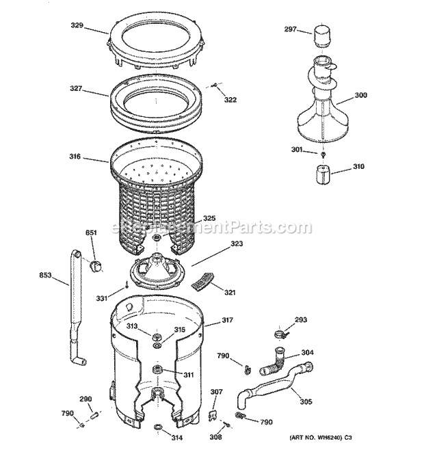 GE WBSR1060T8AA Washer Tub, Basket & Agitator Diagram