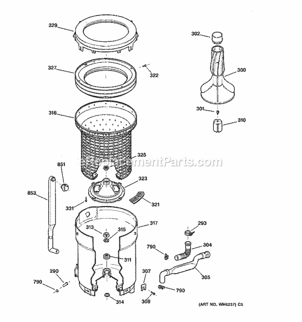 GE WBXR1060T8AA Washer Tub, Basket & Agitator Diagram