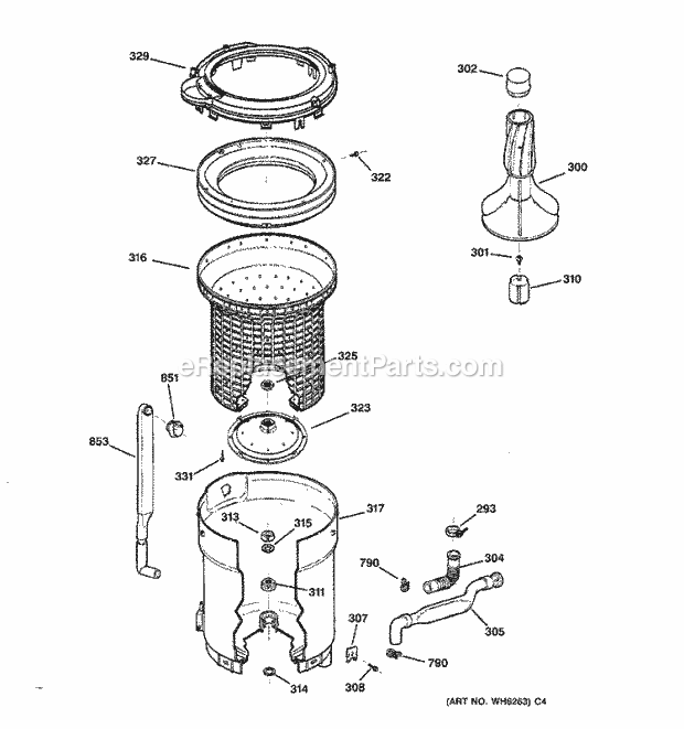 GE WBXR1090A0WW Washer Tub, Basket & Agitator Diagram