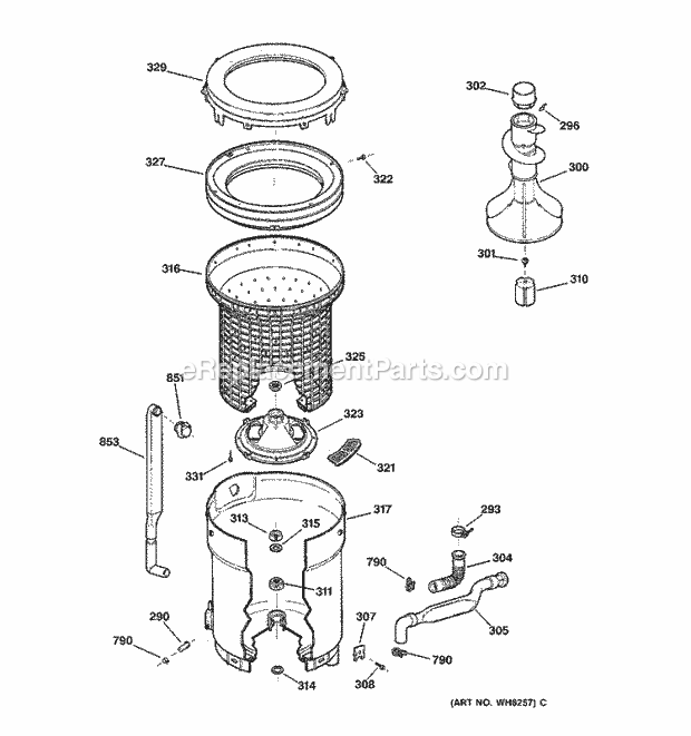 GE WCCB1030V1AC Washer Tub, Basket & Agitator Diagram