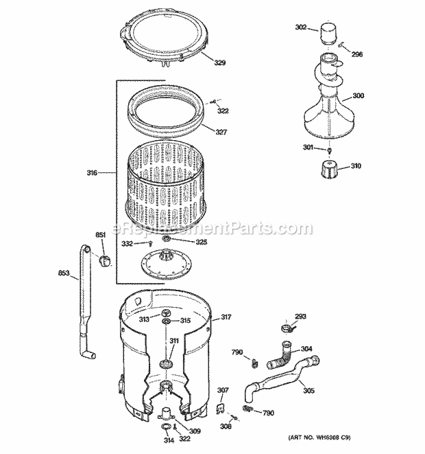 GE WCRD2050D1WC Washer Tub, Basket & Agitator Diagram