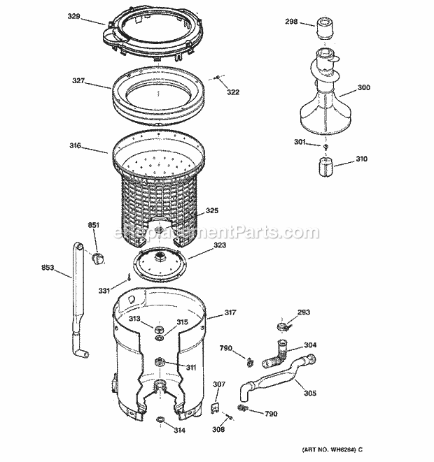 GE WCSE6270B2WW Washer Tub, Basket & Agitator Diagram