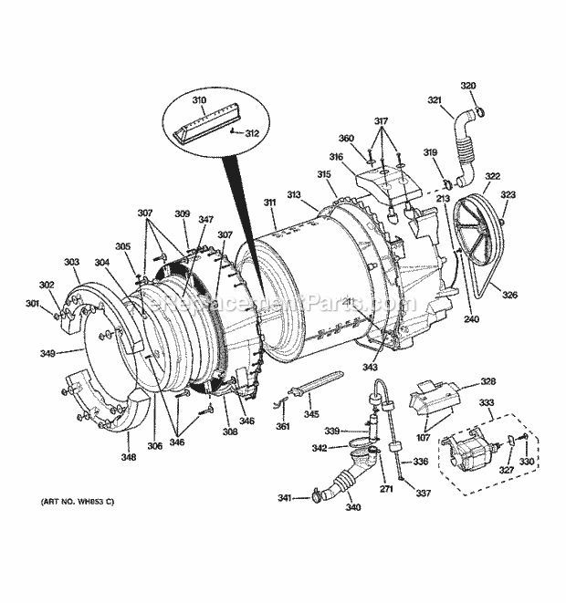 GE WCVH6260F0WW Washer Tub & Motor Diagram