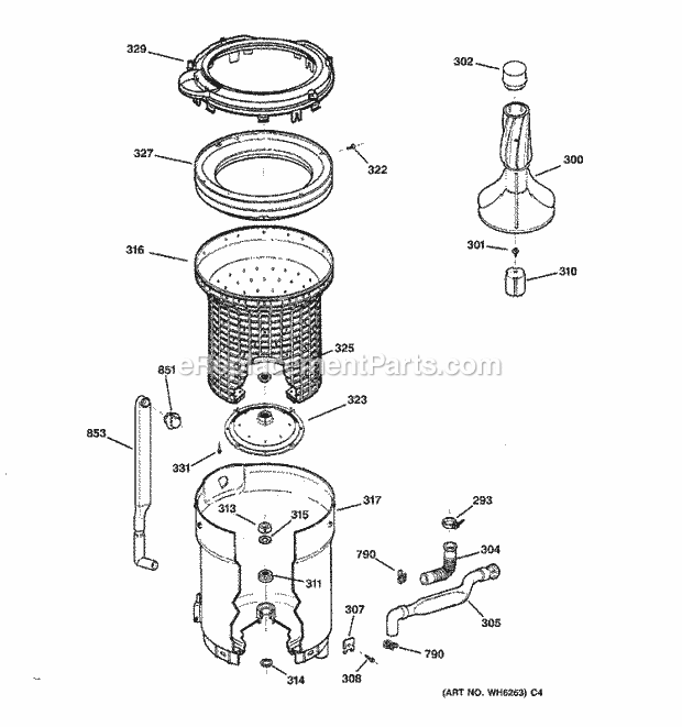 GE WCXR1070TBAA Washer Tub, Basket & Agitator Diagram