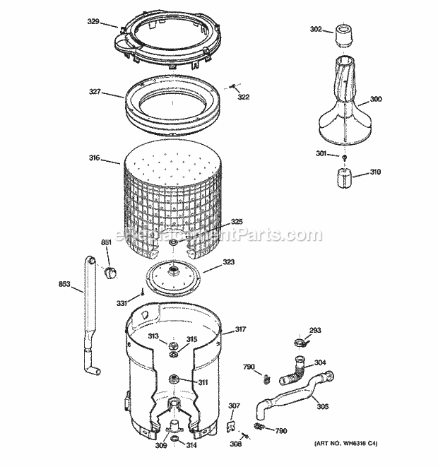 GE WDSR2080DAWW Washer Tub, Basket & Agitator Diagram