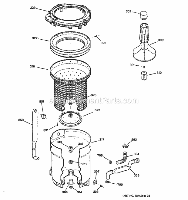 GE WHDSR209DBWW Washer Tub, Basket & Agitator Diagram